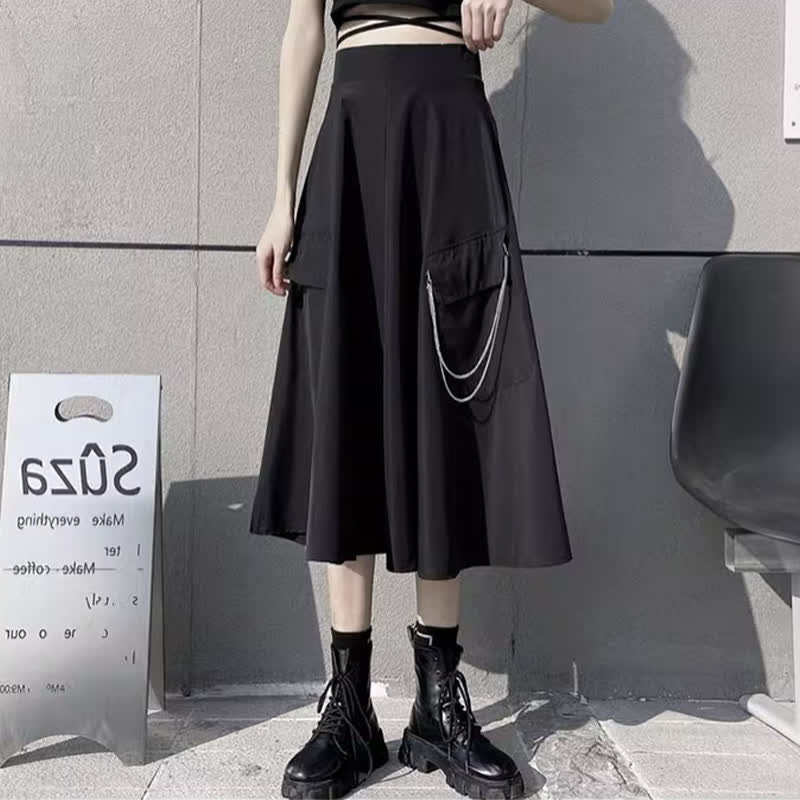 Black Chain Pocketed Tie Polo T-Shirt Cargo Skirt