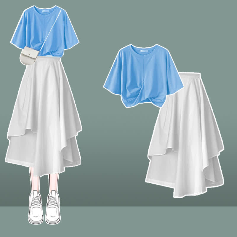 Bow Round Collar Bowknot Crop T-Shirt Irregular Skirt