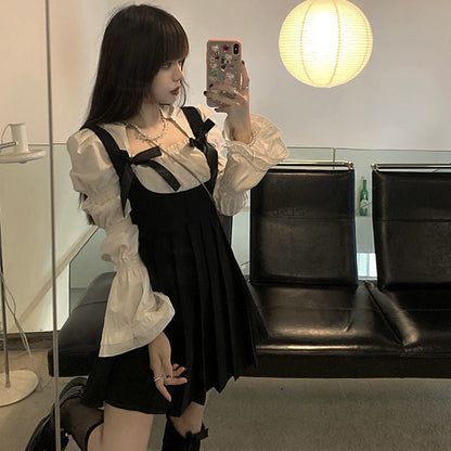 Sweet Square Collar Puff Sleeve Shirt Pleated Suspender Skirt Set