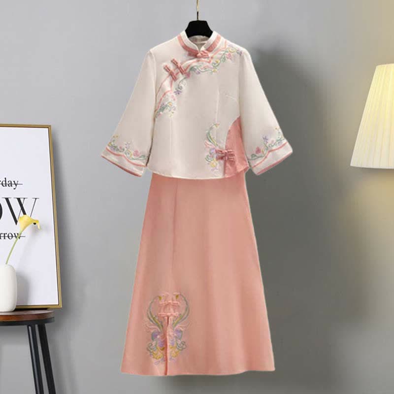 Floral Embroidery Buckle Vintage Top Skirt Set