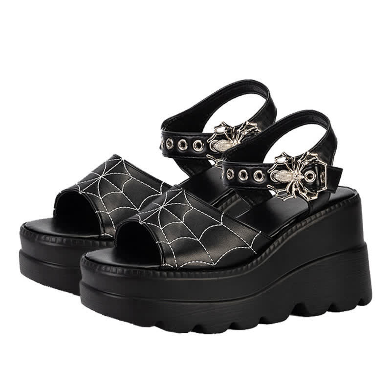 Black Punk Goth Spider Web Buckle Wedge Sandals