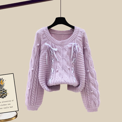 Pills Decor Cable Knit Sweater Skirt Set