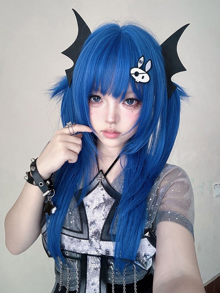 Bangs 63CM Straight Blue With Wig Length Full
