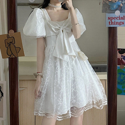 Black Lace Bow Knot Square Collar Tulle Dress