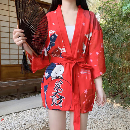 Red Anime Lucky Cat Cardigan Kimono Outerwear