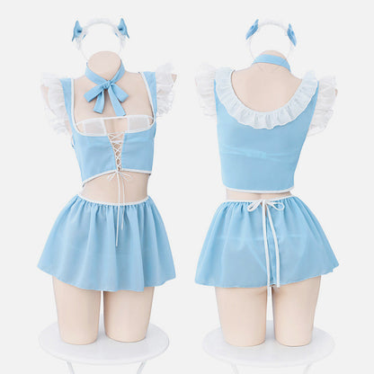 Blue Sexy Lace Up Puff Sleeve Maid Lingerie Set