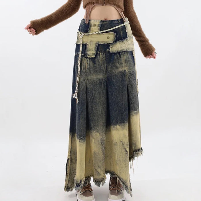 Vintage Washed Long Denim Skirt