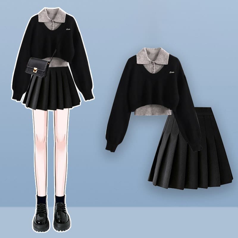 Fake Two Pieces Sweater Black Pleated Skirt - Set / M