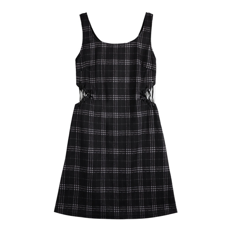 Love Heart Hollow Out T-Shirt Lace Up Plaid Dress Set