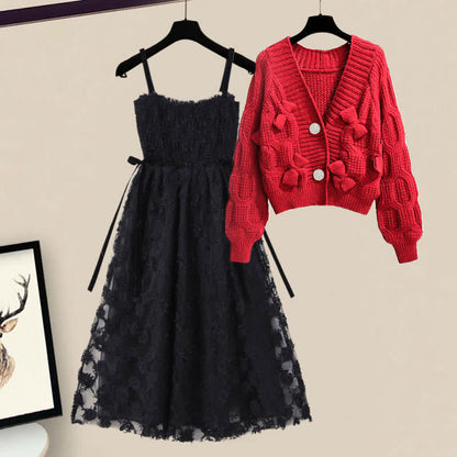 Red Bow Decor Cardigan Lace Slip Dress Set