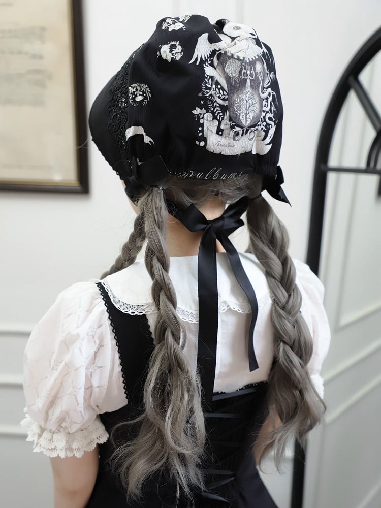Bunny Print Bonnet Dark Lolita Black