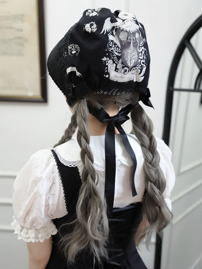 Bunny Print Bonnet Dark Lolita Black