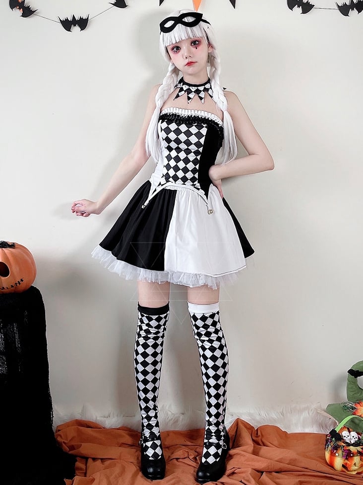 Halloween Black White Clown Costume Top and Skirt