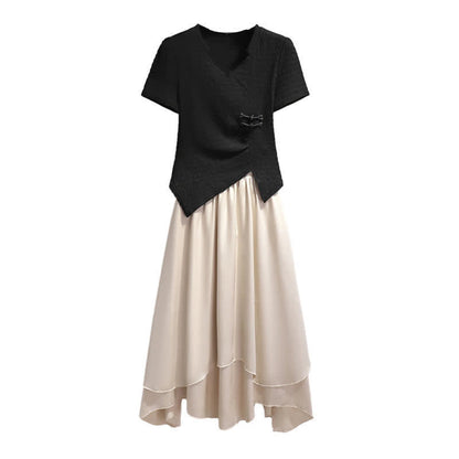 Elegant Buckle Irregular T-Shirt Layered Midi Skirt Set