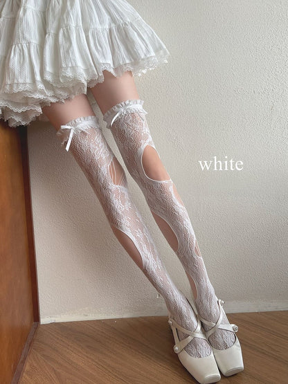 Design Overknee White/Gray/Black Gothic Asymmetrical Details Cut-out Stockings