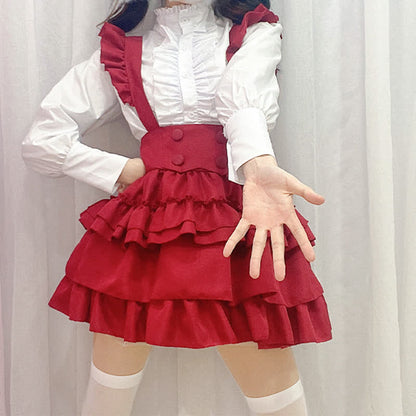 Lolita Red Button Ruffled Shirt Bubble Overalls Skirt Set