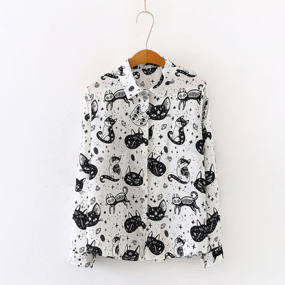 Black White Kitty Print Lapel Chiffon Shirt