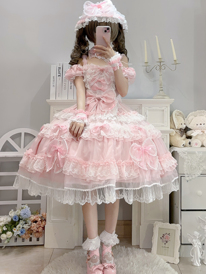 Pink Dress Sweet Back Princess Bow Bead with Lolita and Details Big at Accents