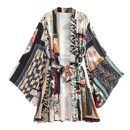 Colorblock Print Cardigan Kimono Outerwear Wide Leg Pants