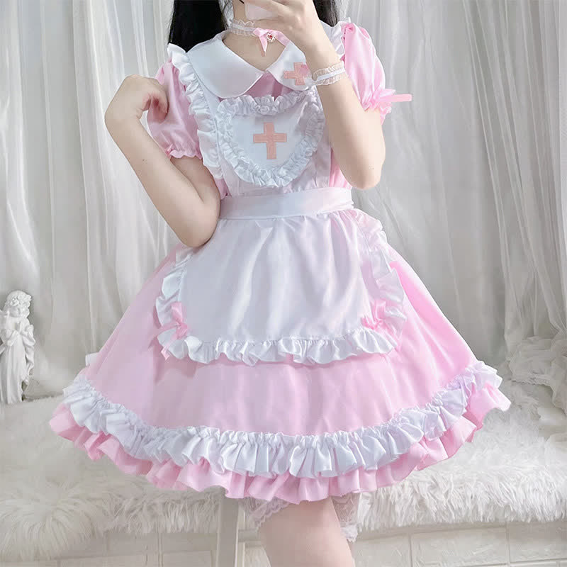 Kawaii Cross Print Ruffled Maid Lolita Dress Set