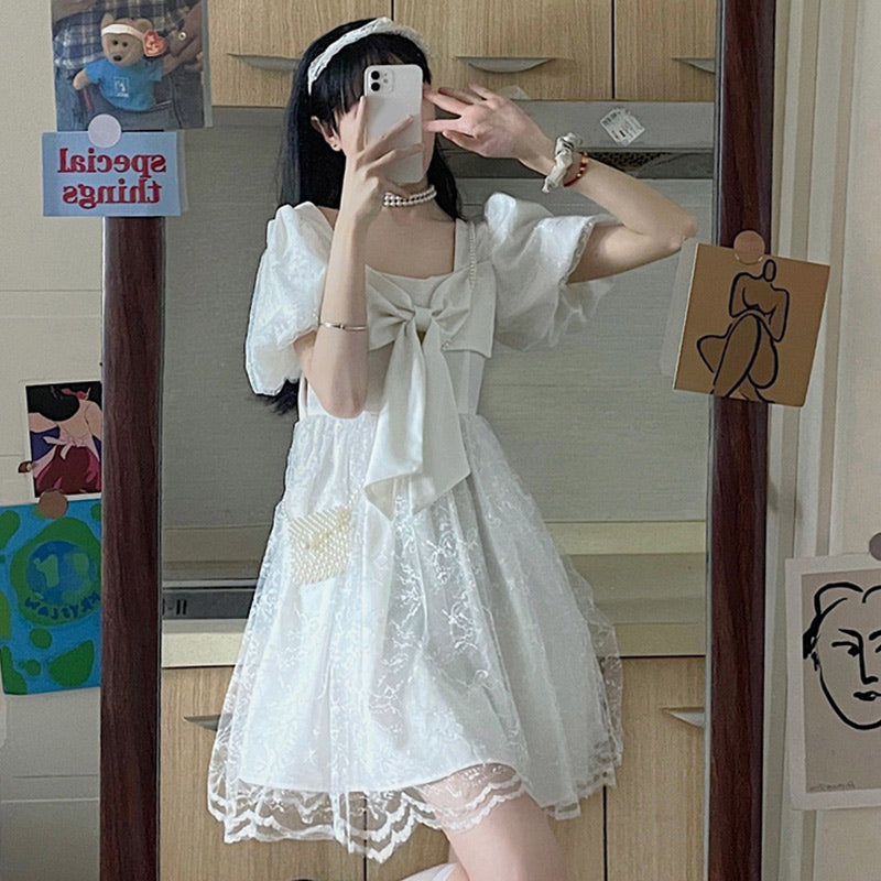 Black Lace Bow Knot Square Collar Tulle Dress