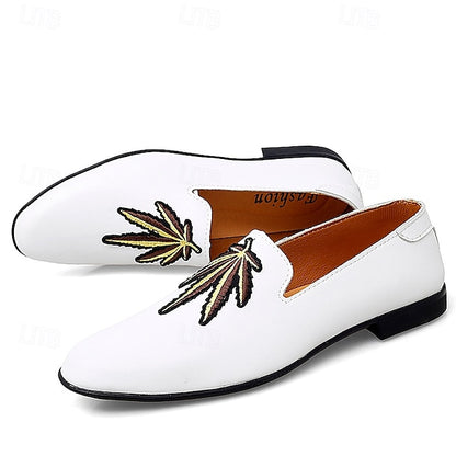 Shoes Men's Feather - Leather White with Loafers Faux Prom