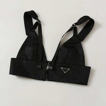 Black Front Zip Buckle Top