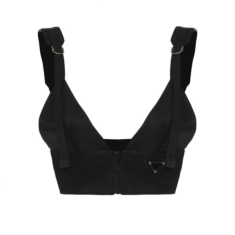 Black Front Zip Buckle Top