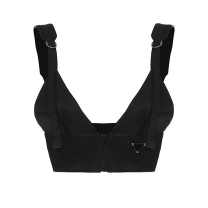 Black Front Zip Buckle Top