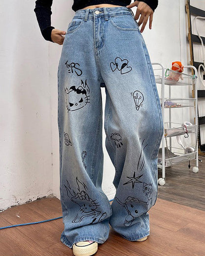 Blue Cat Print Jeans