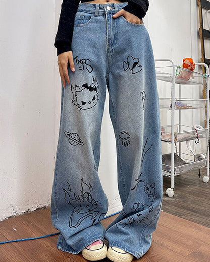 Blue Cat Print Jeans