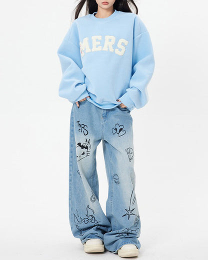 Blue Cat Print Jeans