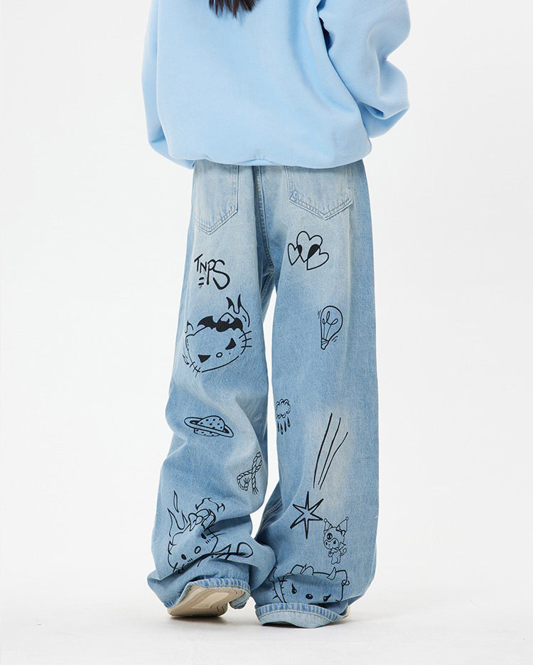 Blue Cat Print Jeans