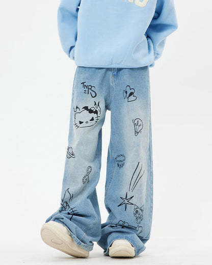 Blue Cat Print Jeans