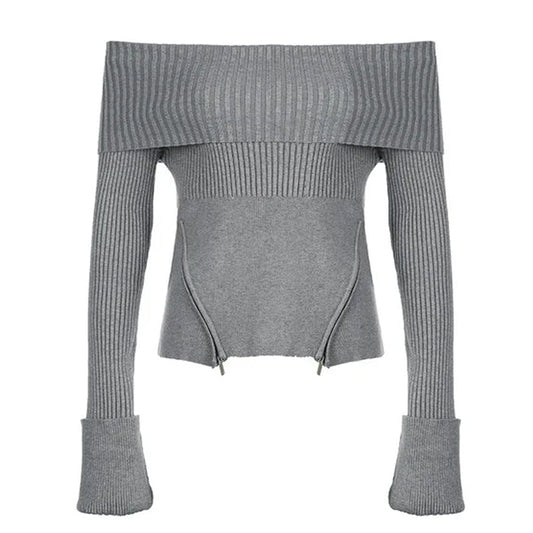 Grey Off Shoulder Knit Sweater