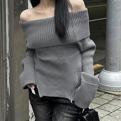 Grey Off Shoulder Knit Sweater