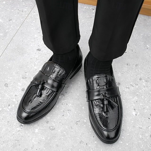 Crocodile Leather Faux with Green Loafers Men's Embossed