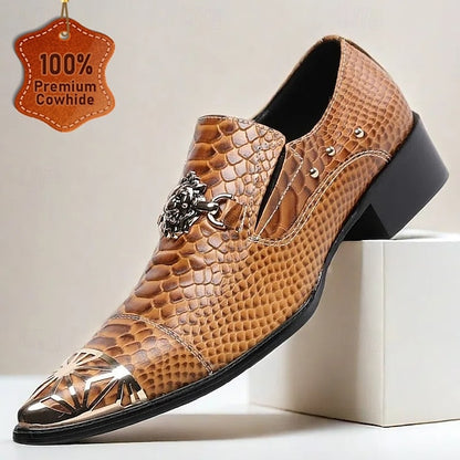 Men's Pattern Shoes Brown with Snake Metal Slip-On Leather