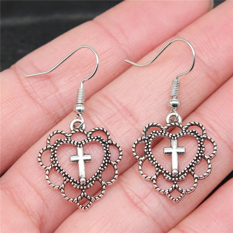 Love Heart Cross Earrings