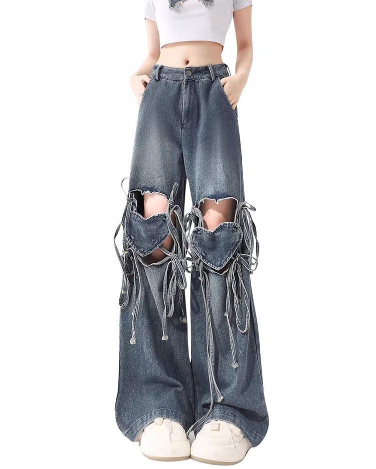 Love Knot Knee-Heart Denim Pants