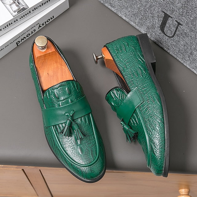 Crocodile Leather Faux with Green Loafers Men's Embossed