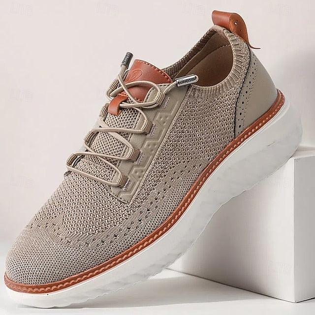 with Knit Shoes Sneakers Lace-Up Beige Men's Lightweight