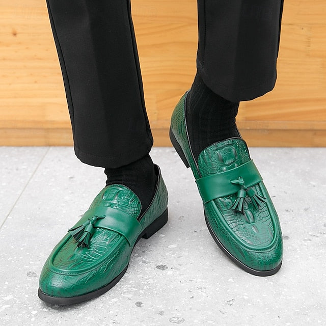 Crocodile Leather Faux with Green Loafers Men's Embossed