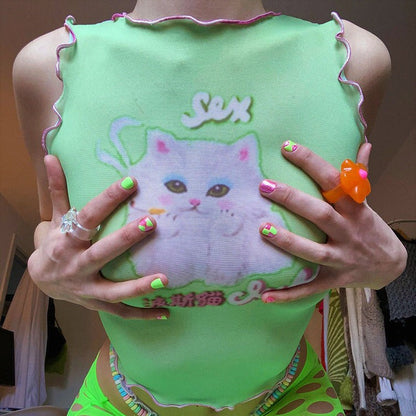 Y2K Green Kitty Crop Top