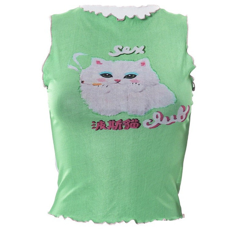 Y2K Green Kitty Crop Top