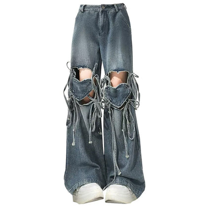 Love Knot Knee-Heart Denim Pants