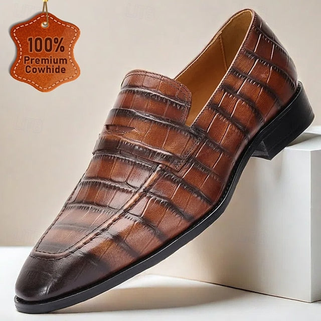 Pattern Shoes Men's - Brown Crocodile Classic Leather Dress