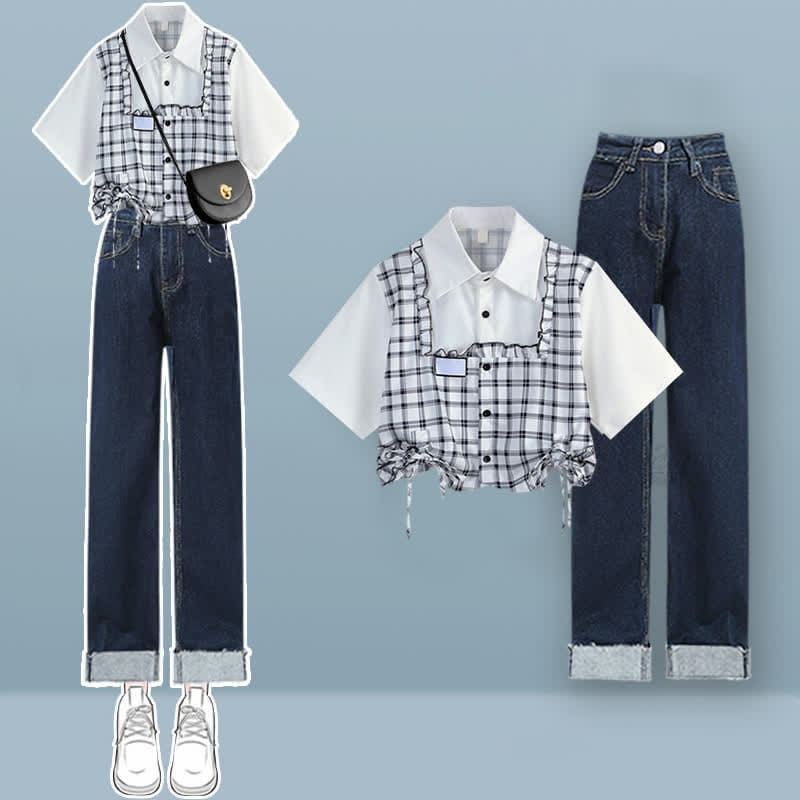 Lattice Print Drawstring T-Shirt Loose Denim Pants