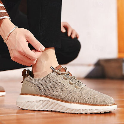with Knit Shoes Sneakers Lace-Up Beige Men's Lightweight