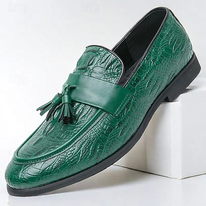 Crocodile Leather Faux with Green Loafers Men's Embossed